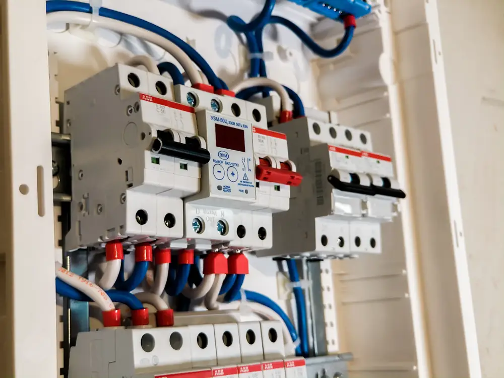 Neatly wired switchboard with circuit breakers