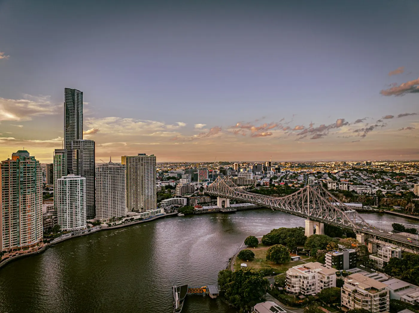 Brisbane River and the Story Bridge at dusk, looking over New Farm towards the city