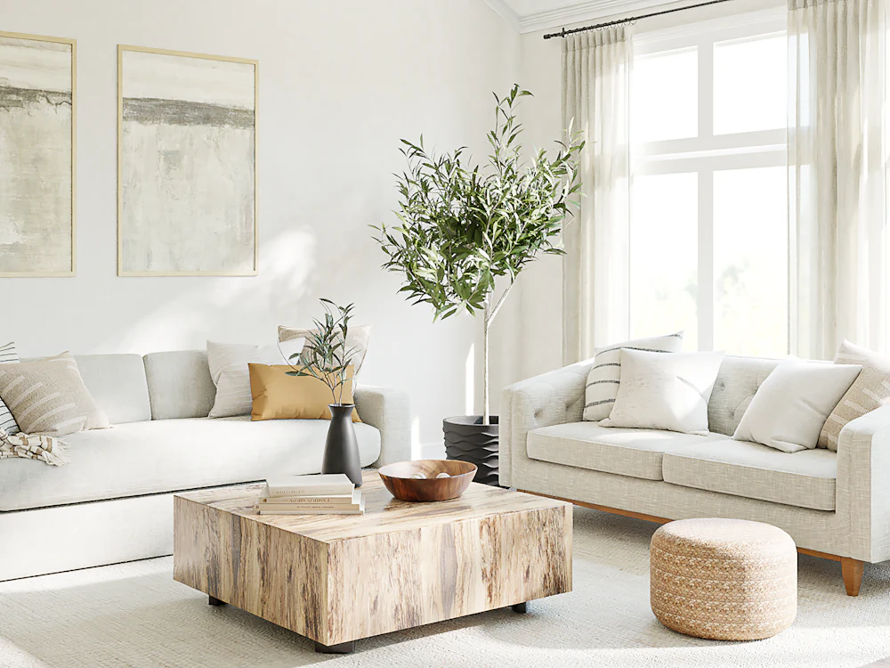 Tidy living room with cream sofas and timber coffee table