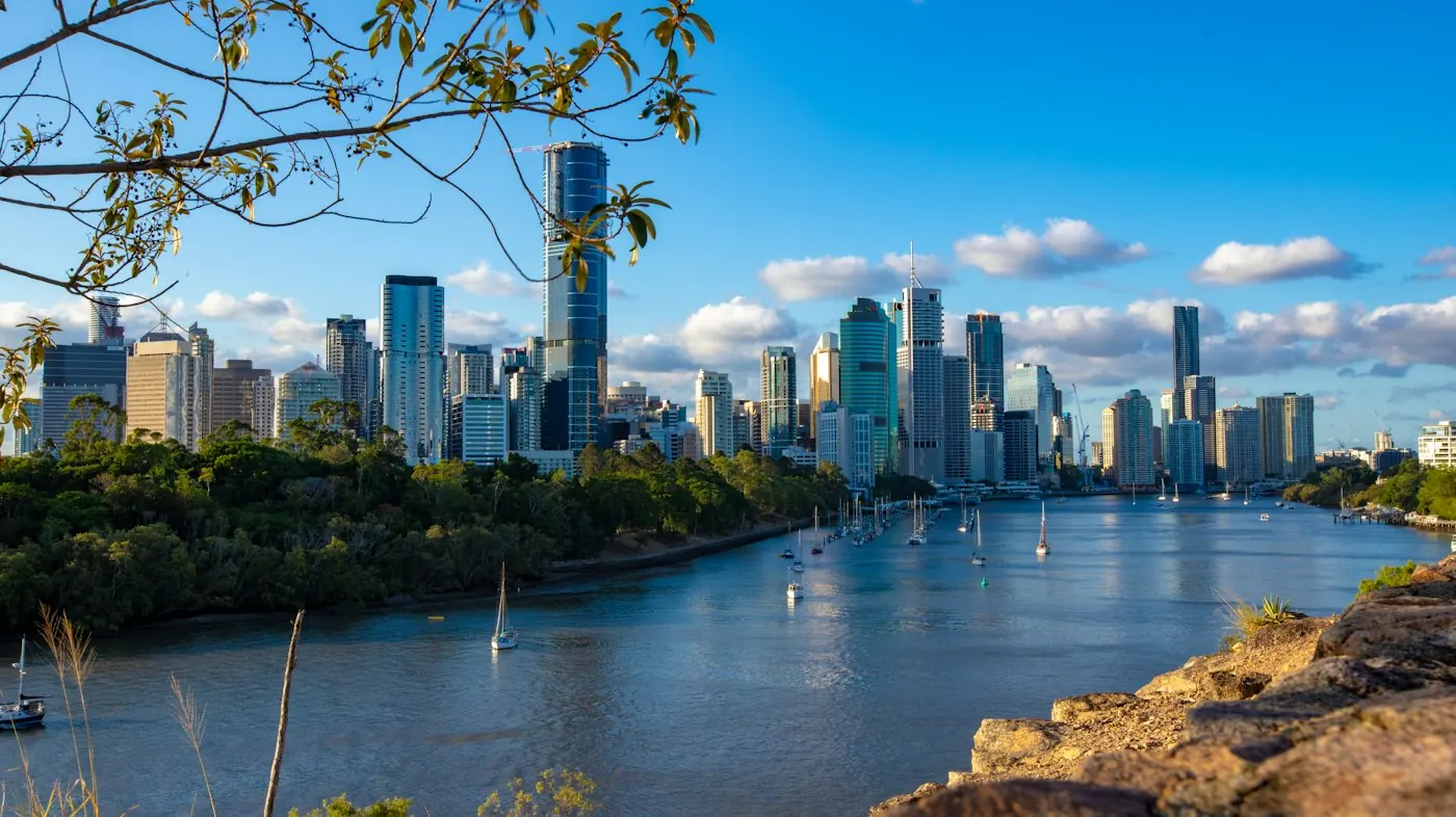 Brisbane city skyline across the river on a sunny day