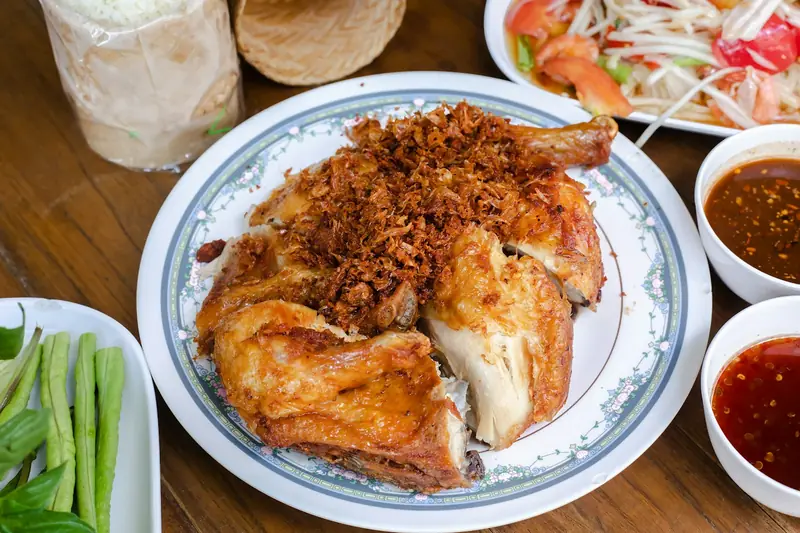 Thai fried chicken with crispy shallots and dipping sauces