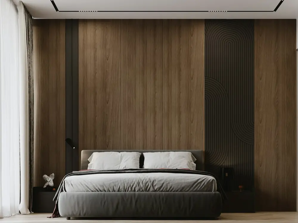 Main bedroom with timber panelled feature wall and grey bed