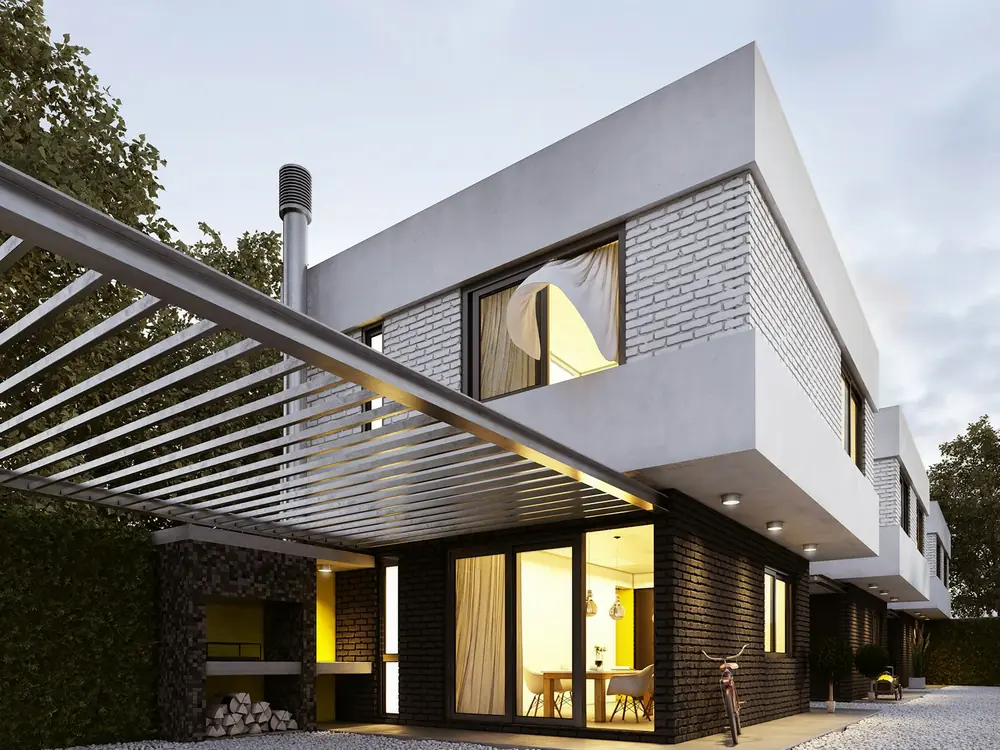 3D render of a two-storey home with a white upper level, dark brick base and slatted pergola