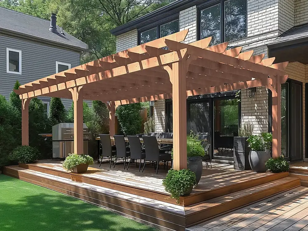Timber pergola over a deck with dining setting