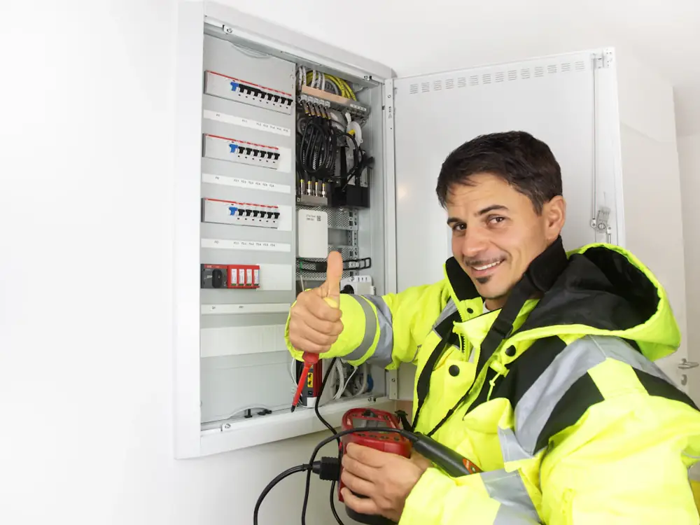 Jake in hi-vis giving a thumbs up beside a newly installed switchboard