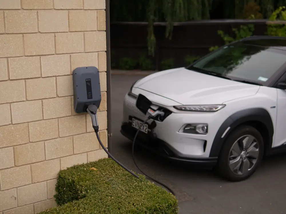 White SUV plugged into a wall-mounted home EV charger