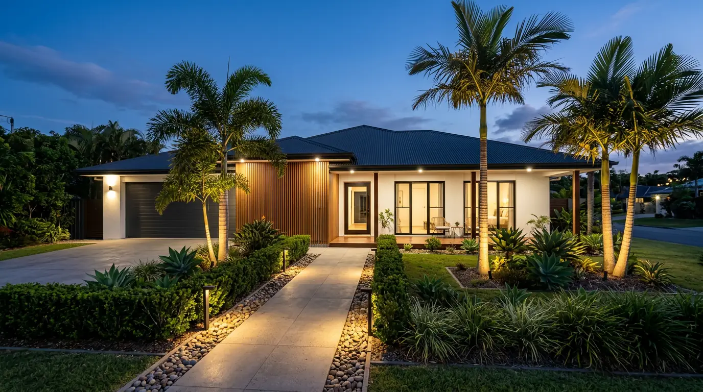 Single-storey Gold Coast home at dusk with warm garden, path and facade lighting under palm trees