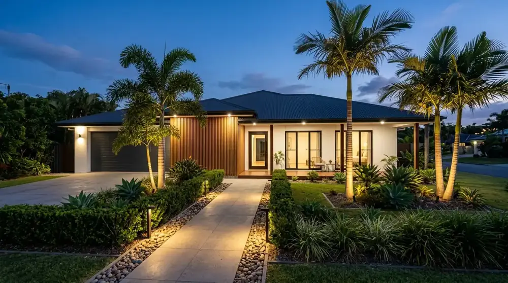 The same home at night with garden, path and facade lights on