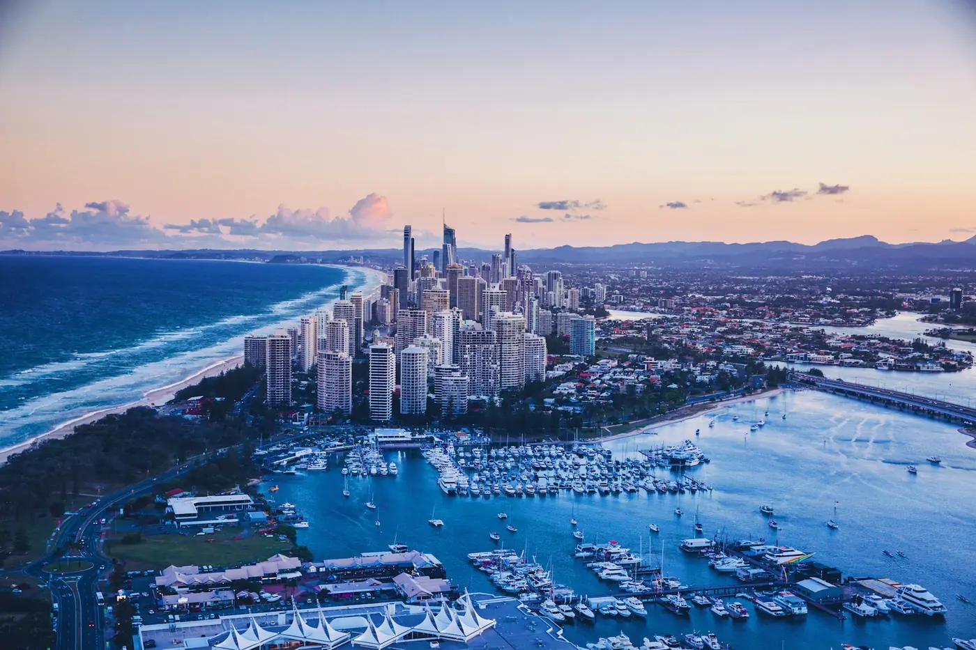 Aerial view of the Gold Coast coastline and Broadwater at dusk