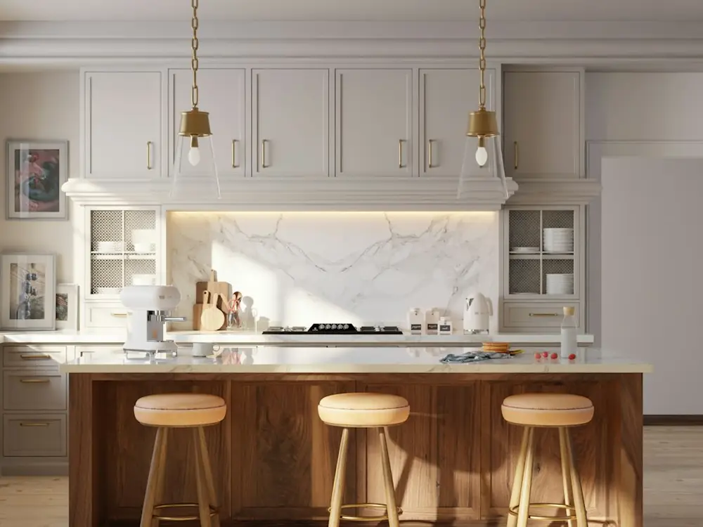 Bright kitchen with a timber island, brass pendants and marble splashback