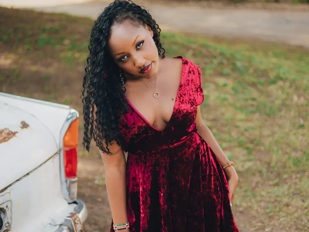 A ruby red crushed velvet dress