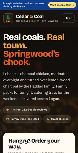 Cedar & Coal Charcoal Chicken example website on a phone
