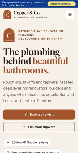 Copper & Co. Plumbing example website on a phone