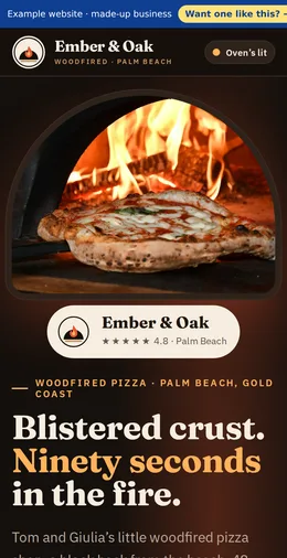 Ember & Oak Woodfired example website on a phone