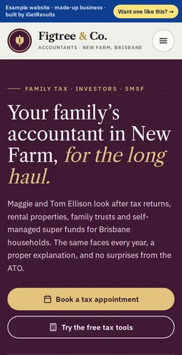 Figtree & Co. Accountants example website on a phone