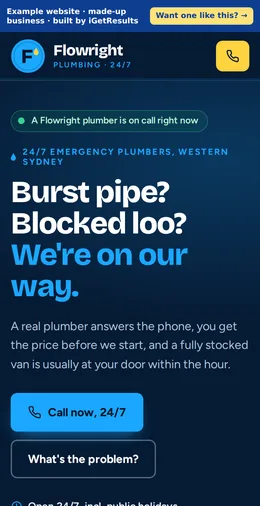 Flowright Plumbing example website on a phone