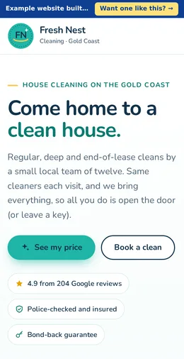 Fresh Nest Cleaning example website on a phone
