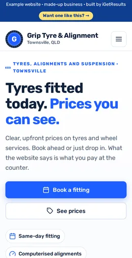 Grip Tyre & Alignment example website on a phone