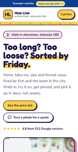 Hem Line Alterations example website on a phone