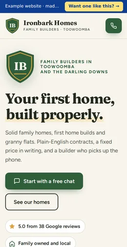 Ironbark Homes example website on a phone