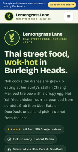 Lemongrass Lane Thai example website on a phone