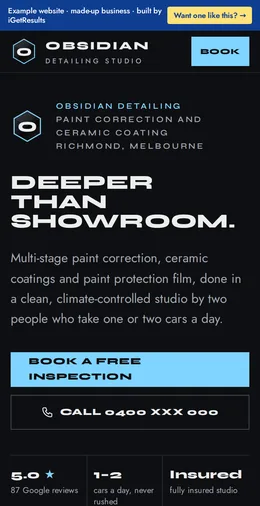 Obsidian Detailing example website on a phone