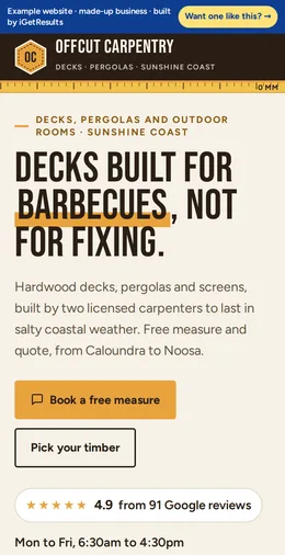 Offcut Carpentry example website on a phone