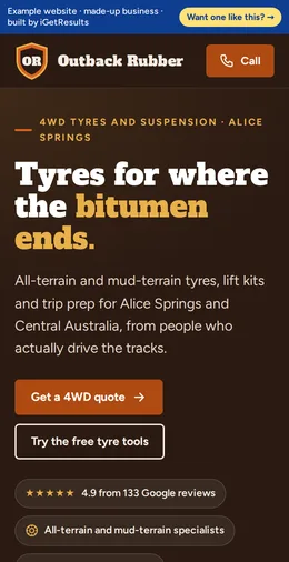 Outback Rubber example website on a phone
