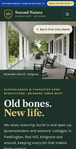 Second Nature Renovations example website on a phone