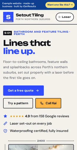 Setout Tiling example website on a phone