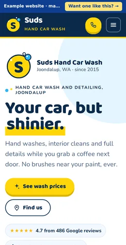 Suds Hand Car Wash example website on a phone