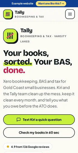 Tally Bookkeeping & Tax example website on a phone