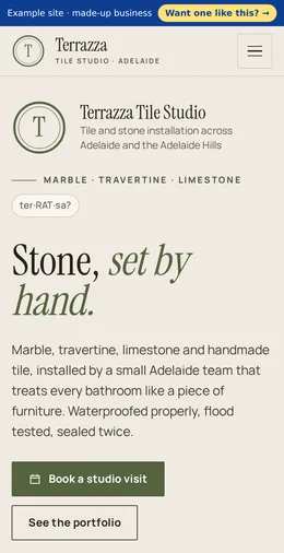 Terrazza Tile Studio example website on a phone