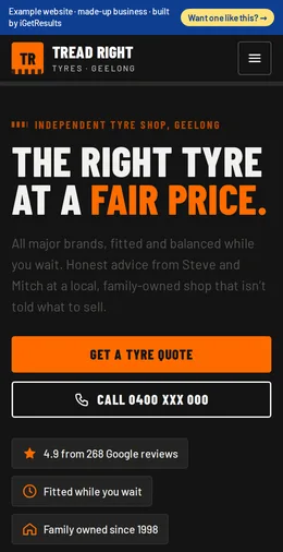 Tread Right Tyres example website on a phone