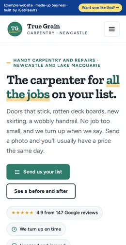 True Grain Carpentry example website on a phone